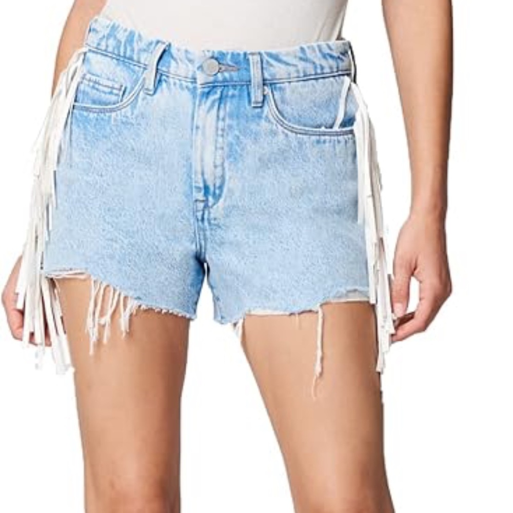 BLANK NYC Hi Rise Five Pocket Vegan Leather Fringe Cut Off Shorts
